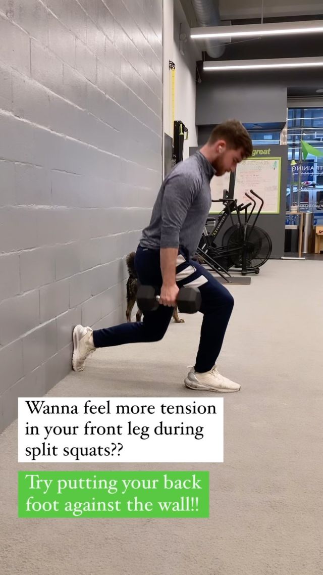 Feeling too much tension in your back leg during split squats and want to target that front one more??? 

Try this incredibly simple step of keeping your rear foot pressed against the wall to help shift the weight into that front quad / glute for extra tension and gains 😯